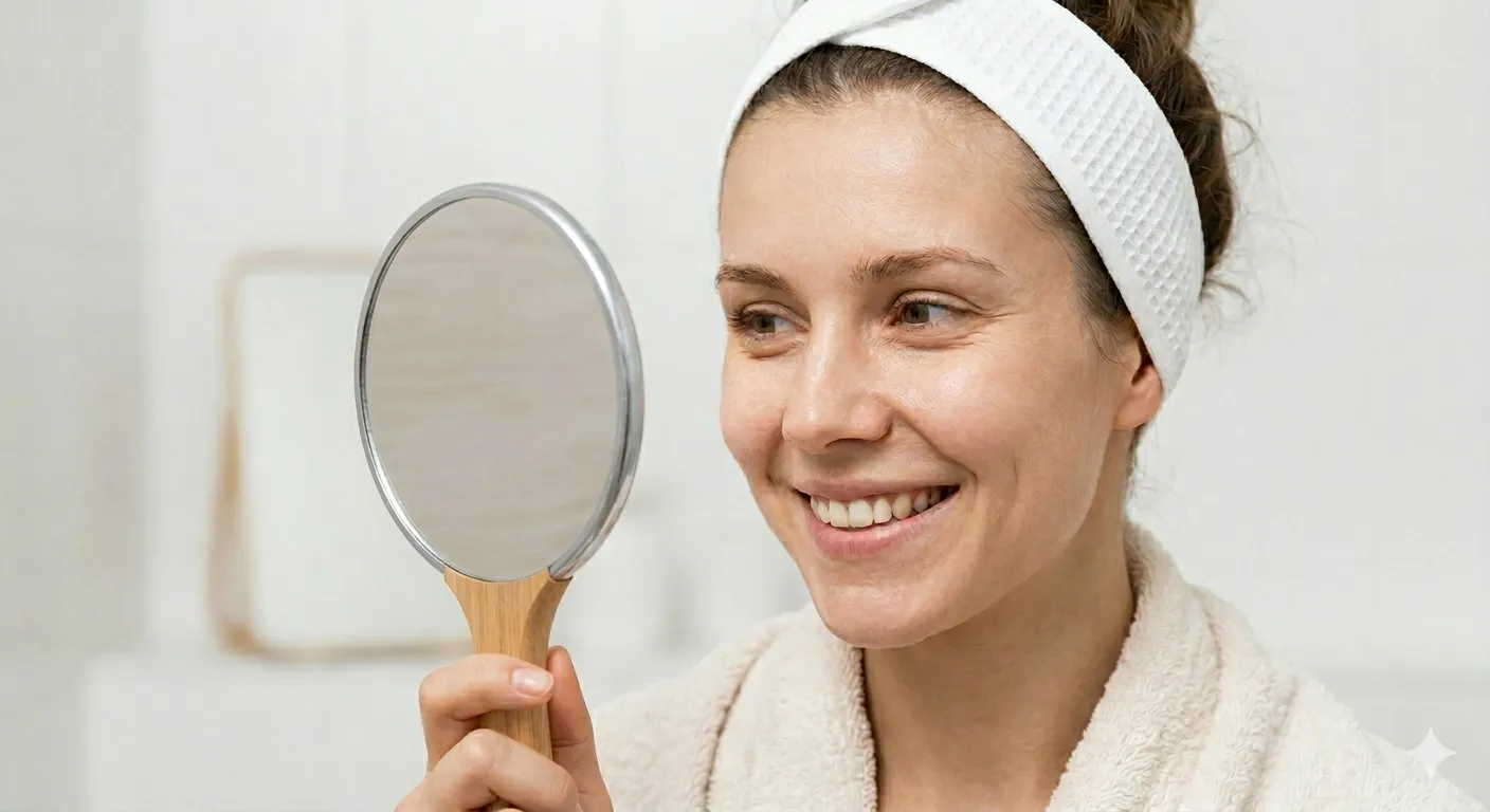 A person checking their skin in a hand mirror